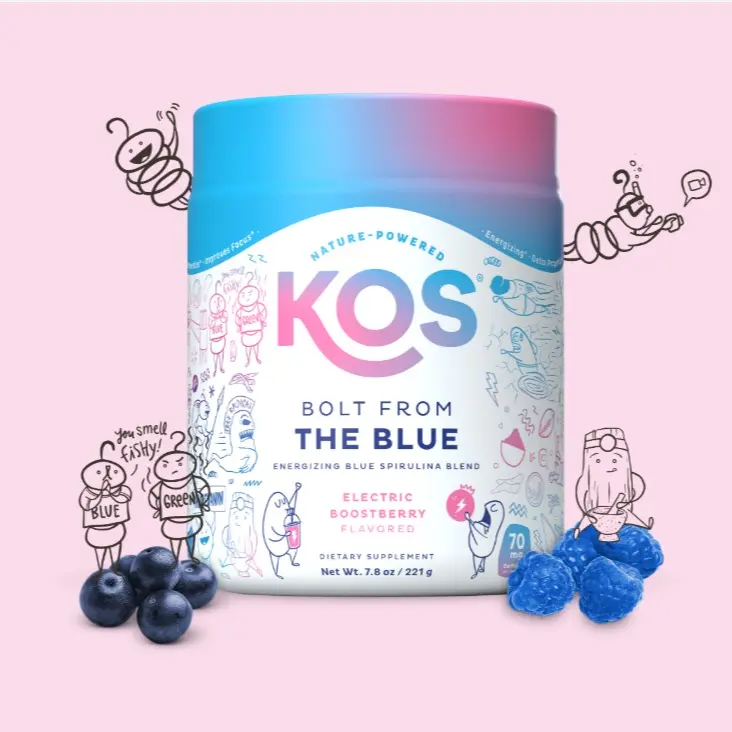 KOS Energizing Blue Spirulina Blend - USDA Certified Organic - B Vitamins, Ashwagandha, Ginseng, Adaptogens, Biotin - Vegan Pre Workout Powder - Caffeinated, Berry Flavored, 28 Servings