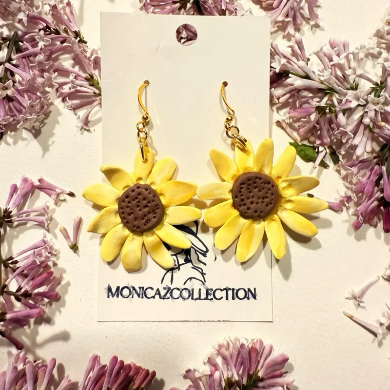 MonicaZCollection Handmade Sunflower Earrings with 14K Gold Plated Drop Polymer Clay Floral Jewelry