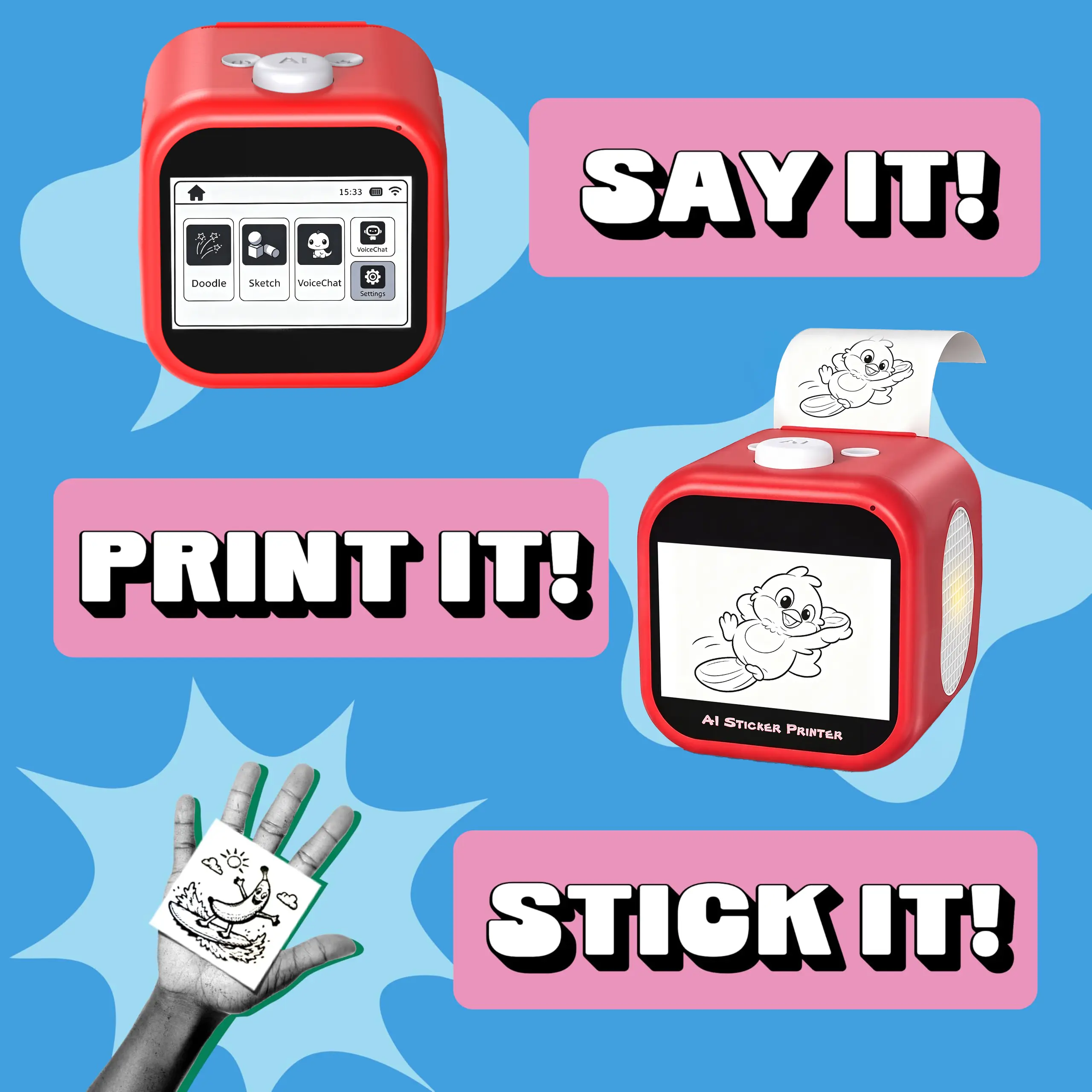 FUNNYPANDA AI Voice Powered Mini Sticker Maker for Kids – Portable Thermal Inkless Printer with 2 Paper Rolls & 4 Colored Pencils – Ages 3+, Kid-Safe AI Sticker Printer for Screen, Custom Plays，NO APP NEEDED