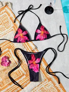 New Soft Padding Printed Halter Tie-Back Floral Print Bikini Set, Sexy Striped Triangle Wireless Swimwear for Summer Beach Fashion Women Tie Back Bikinis
