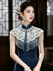 Lace Pearl Fringe Cloud Shoulder, Vintage Hollow Out Hook Flower Shawl For Formal Dress, Elegant Detachable False Collar Shoulder Accessory