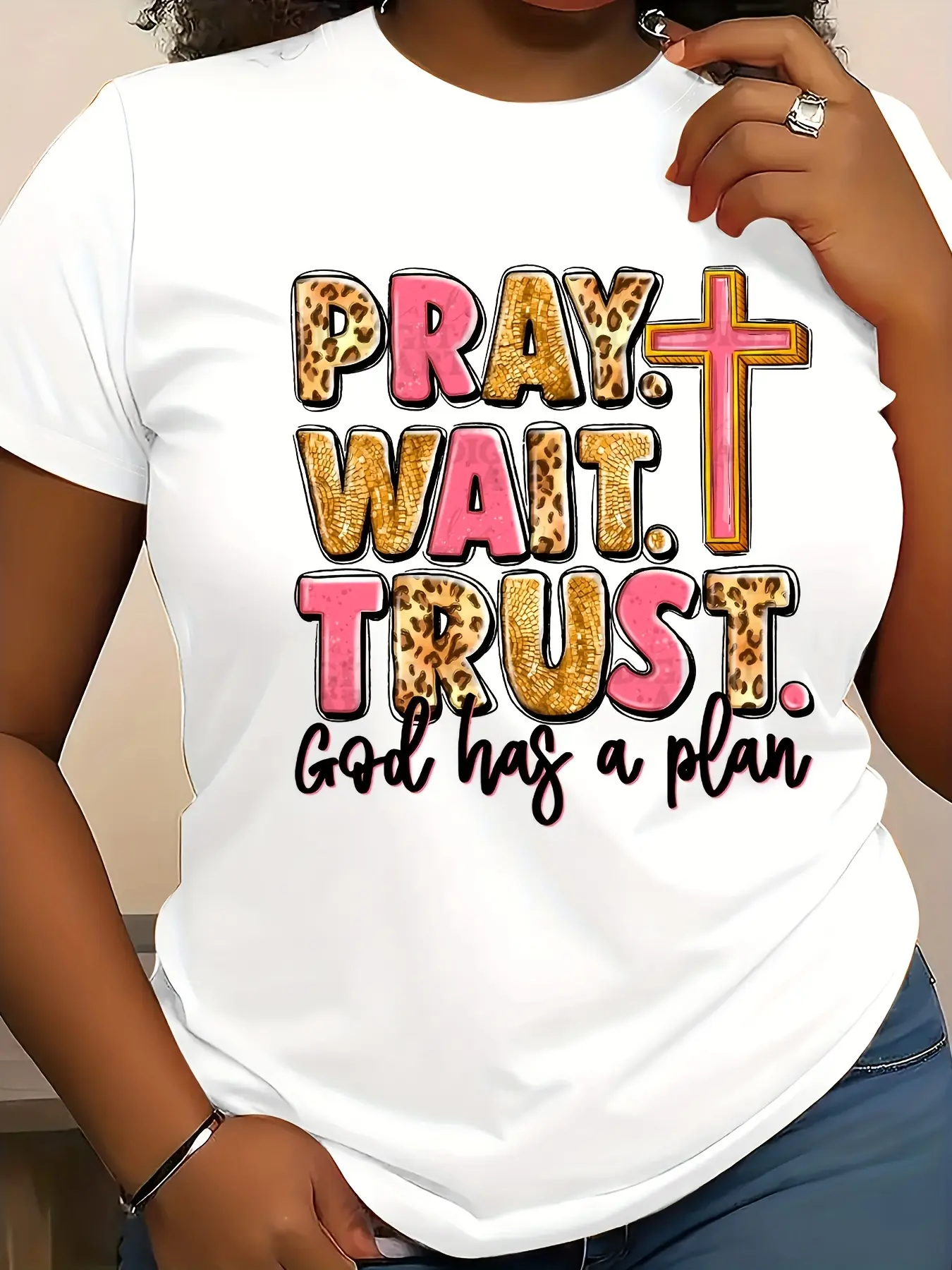 Ladies' Inspirational T-Shirt Featuring The Phrase 'Pray. Wait. Trust. God Has a Plan' - Designed with a Casual Crew Neck, Short Sleeves, Soft Fabric, Regular Fit, Suitable for All Seasons, 180Gsm, And Machine Washable