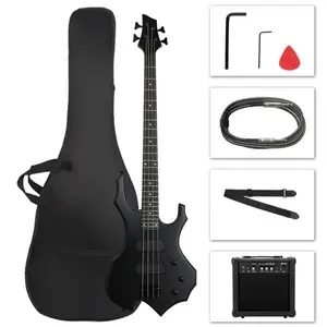 Ktaxon 44in Electric Bass Guitar Full Size Flame Design Bass Set with 20 Watt Amplifier, Portable Bass Bag, Superior Amp Wire, Adjustable Guitar Strap, Plectrum, Wrench Tool(Matte Black)