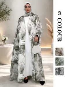 [Includes Hijab] Women's Muslim Artistic Ink Print Batwing Sleeve Long Robe Coat Tunic Abaya Hijab Set, Loose-Fitting Vacation Style Outerwear with Pockets, All Season Wear