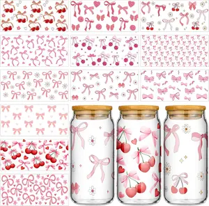 12 Sheets  UV DTF Cup Wrap Stickers Pink Bow UV DTF Cup Wraps Transfer Stickers for DIY Craft Decorations for 16 oz Glass Water Bottle(Classic)