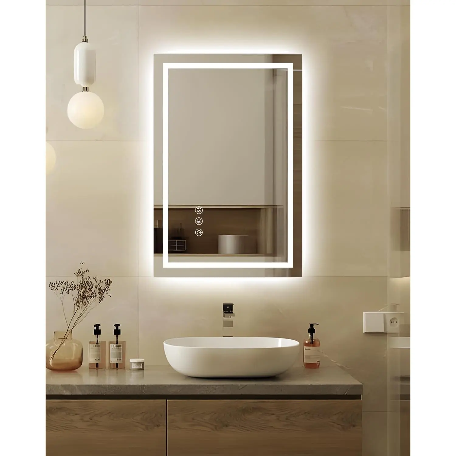 16x24''Small Bathroom Mirror with Lights,Front Lighted Bathroom Mirror for Wall,Stepless Dimmable,Anti-Fog,Modern LED Vanity Mirror,Memory,Touch Botton