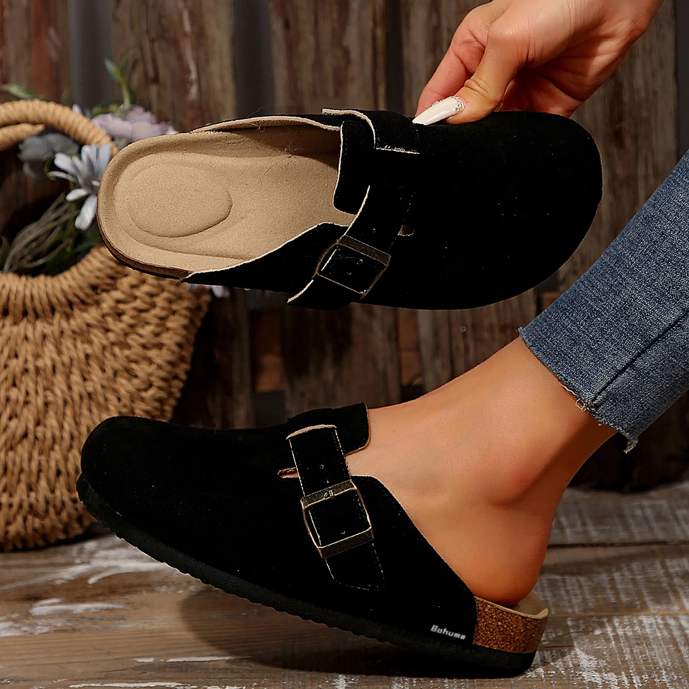 Suede Clogs for Women Slip-On Buckle Mules Cork Footbed Sandals Comfortable Potato Shoes Non-Slip Indoor Outdoor Shoes Brown Footwear