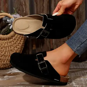 Suede Clogs for Women Slip-On Buckle Mules Cork Footbed Sandals Comfortable Potato Shoes Non-Slip Indoor Outdoor Shoes