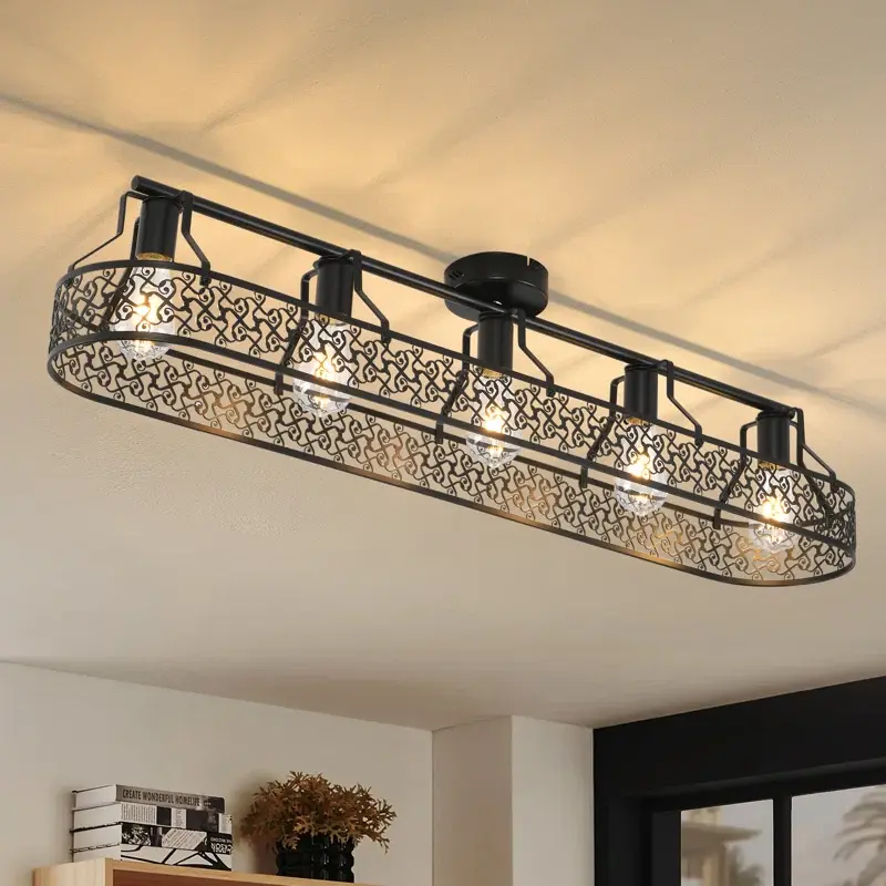 Garwarm 5-Light Black Hollow Iron Farmhouse Flush Mount Ceiling Light Fixture - Industrial E26/E27 Base Dimmable 110v-240v Chandelier Ceiling Bulb Lamp for Kitchen, Living Room, Ceiling Bulb Lamps, Indoor Use