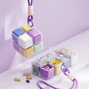 Magnetic Cube Travel Pill Organizer 8 Compartments 7 Day Vitamin Case with Wristband Portable Medication Storage Box for Daily Meds Travel Use