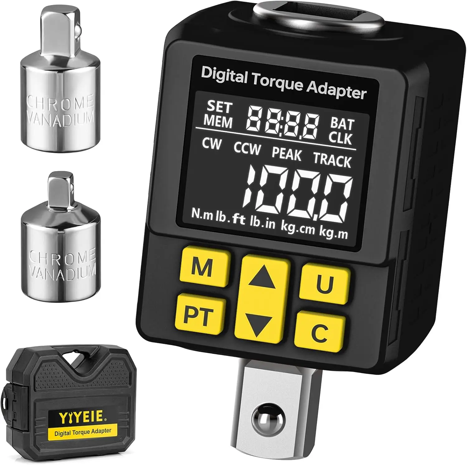 YIYEIE 1/2" Digital Torque Adapter (5-100 / 7.5-150 / 12.5-250Ft-lb | 6.8-135 / 10-203 / 17-340 N·m), ±1% Accuracy, Color Display Alert, Peak/Track | Preset | Store/Delete, Torque Meter for Auto & Heavy-Duty Use
