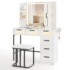 COSTWAY - Makeup Vanity Desk with 3-Color Induction LED Lights and 6 Drawers-White