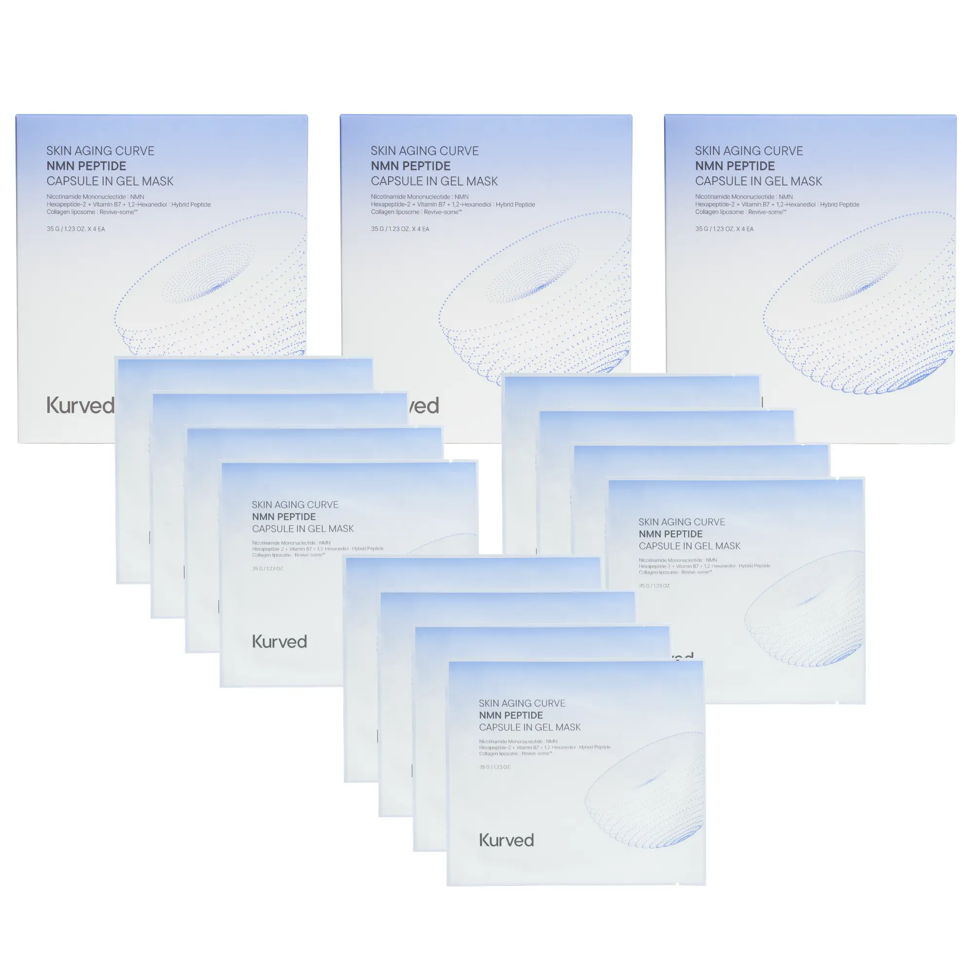 [Exclusive Bundle] Kurved NMN Peptide Capsule Gel Mask 3 Box | Firming, Lifting, Anti Aging, Hydrogel Mask with NMN, NAD, Peptide, Collagen infused with Liposomal capsule for Lifting & Firming, Cooling hydration, K-Beauty (12 sheet)
