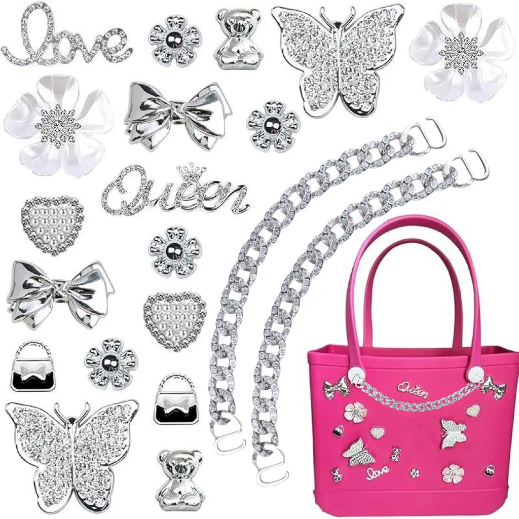 Caojie Bag Charms for Bogg Bag,Pearls,Butterfly Flowers and Chain for Bogg Bag Accessories Charms(20 pcs)
