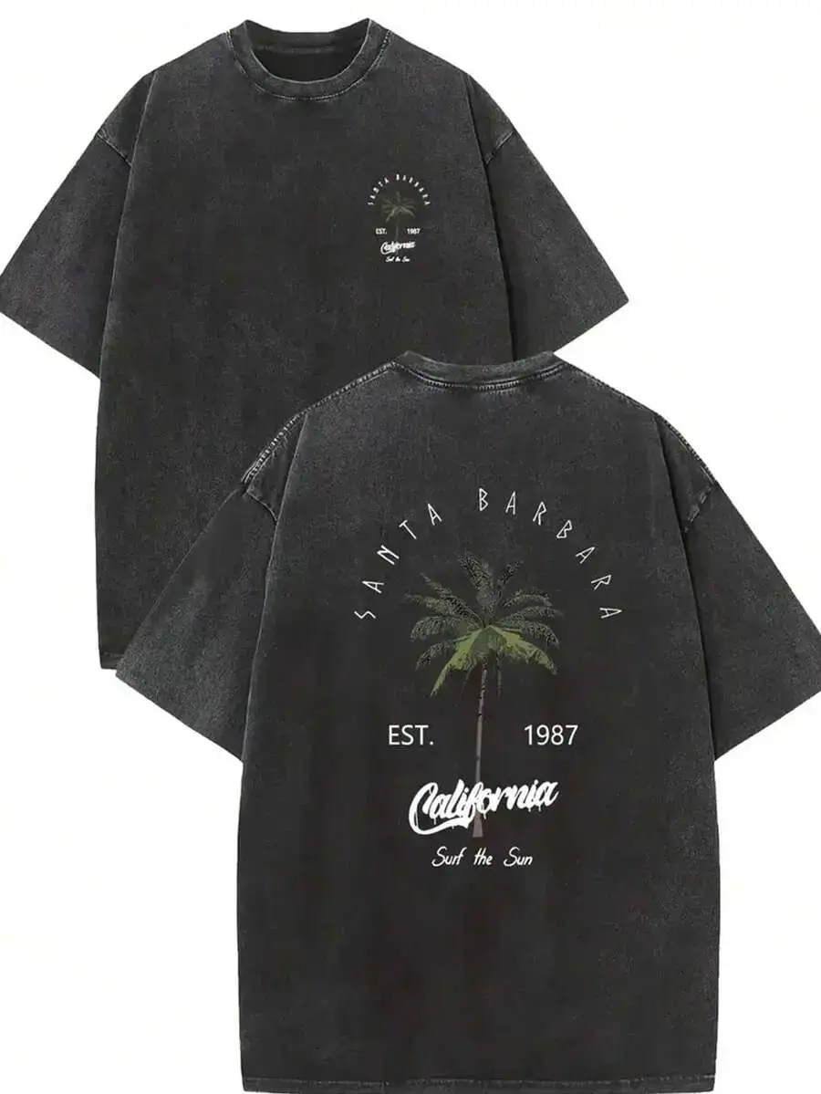 Vintage Santa Barbara California T-Shirt, Retro Washed Cotton Oversized Short Sleeve Tee, EST. 1987 Surf The Sun Palm Tree Graphic Casual Summer Top for Men Women