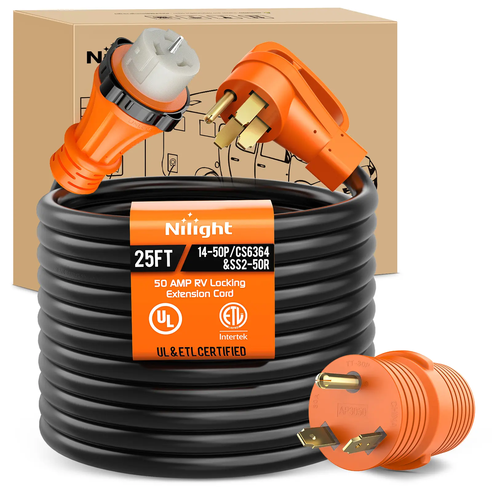 Nilight 50Amp Locking Extension Cord, 25FT Outdoor Weatherproof Heavy Duty RV Cord with 30A to 50A 250V Adapter, 6/3+8/1 Gauge Pure Copper STW Wire, ETL Listed, Male NEMA 14-50P to Female NEMA SS2-50R Cable for Campers