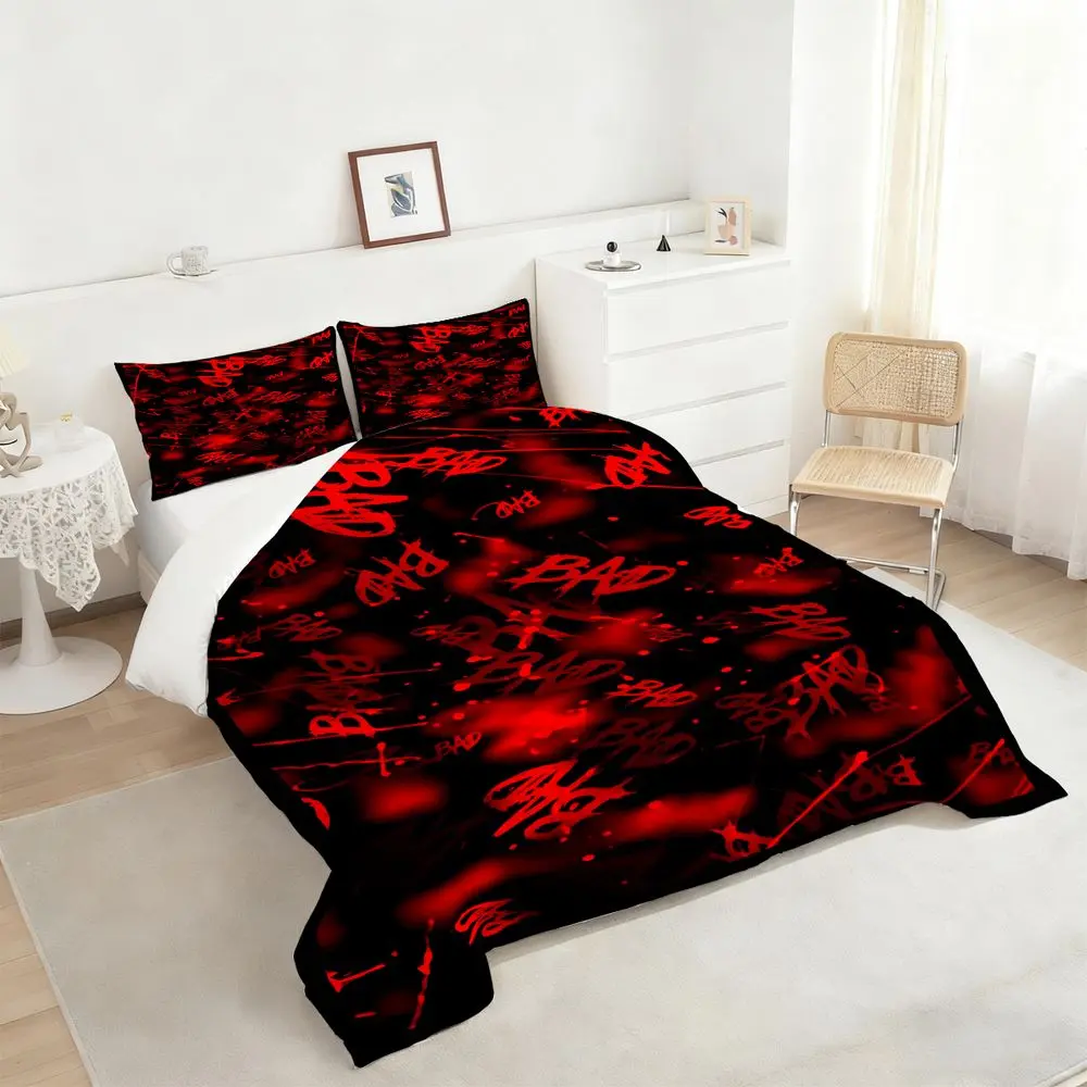 2/3Pcs Bold Red Graffiti Comforter Set, Edgy and Artistic Bedding Set, Vibrant Digital Print Quilted Comforter for a Stylish and Rebellious Bedroom Makeover, Perfect for Trendsetters and Art Lovers, 1 or 2 Pillowcase No Pillow Core