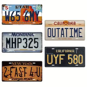 Mancave 5pcs Set License Plate Vintage Metal Tin Signs - Retro Wall Art Decor Poster Plaque Signage Decorative, Multicolor, Home Decoration Adventure warning  sign Gift Ironbeer lover creative small gift 30*15Cm(5.9*11.8 Inch)