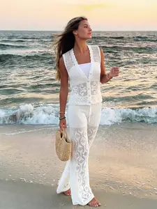 Elegant Women's Spring Summer Casual Fitted Knit Sleeveless Vest Set, V-Neck Hollow Out Crochet Sweater, Wide Leg Pants Two-Piece Womenswear Lady