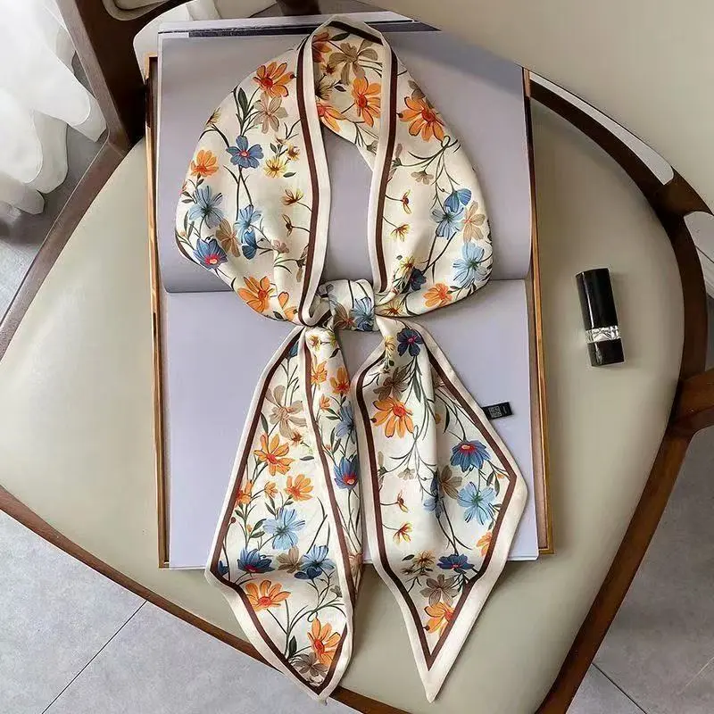 Elegant Women's Silk Scarf Headband Floral Print Long Slim Thin Satin Headscarf for Handbag Fashionable Decoration