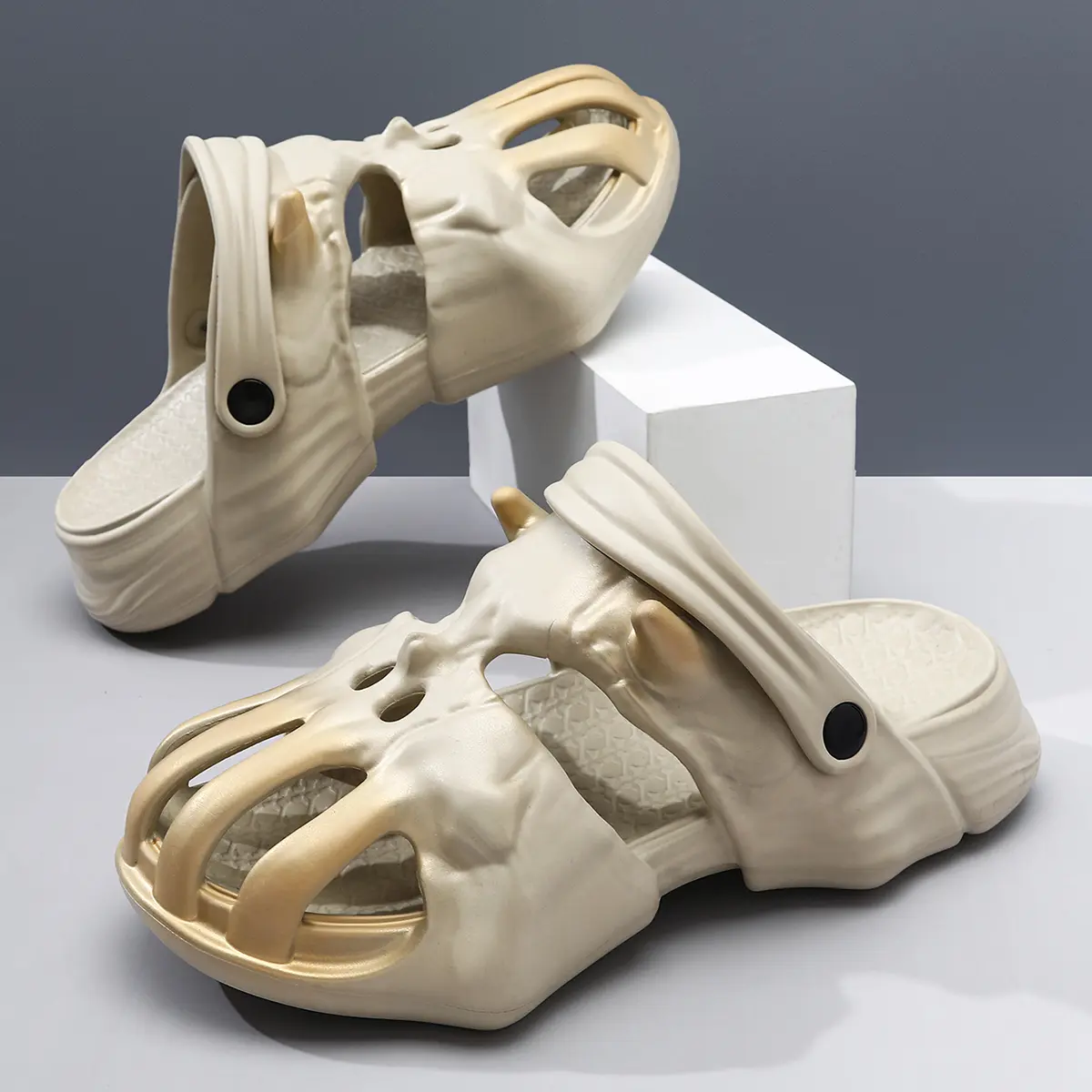 Men's Skeleton Slides Sandals, Cream Bone Design Slip On Shoes, Chunky Thick Sole Casual Summer Slippers, Gothic Streetwear Footwear for Beach, Pool, Vacation & Daily Wear