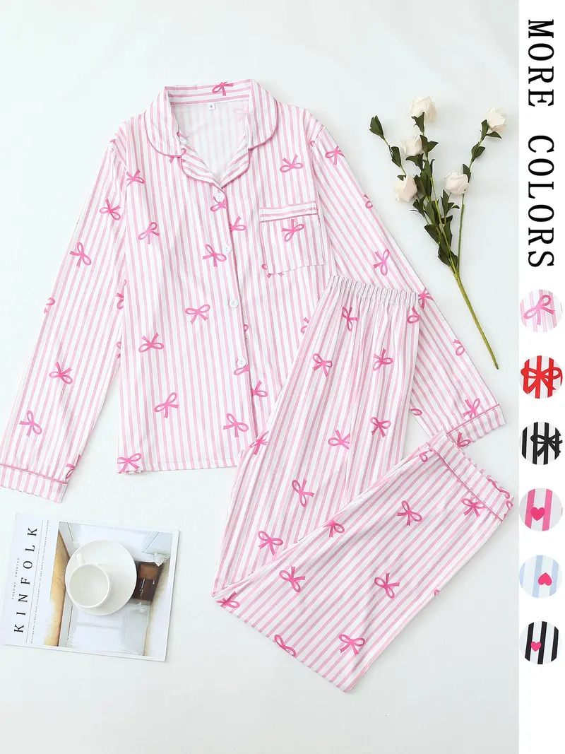 【Valentine Pajamas】Two-Piece Set Women's All Over Bow Print Button Front Shirt & Pants Pyjama, Casual Comfy Long Sleeve Lapel Neck Top & Trousers PJ Set, Women's Sleepwear for Spring & Fall