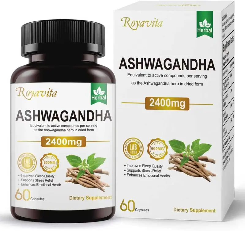 Ashwagandha Supplements 2400mg Organic with Black Pepper Vitamin B12 & B6 for Max Absorption Stress Relief Athletic Performance for Men & Women 60 Capsules