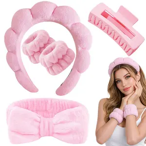 LMMAKE Women's Puffy Clouds Terry Cloth Headbands Set - 2 Fabric Wristbands, Ultra-Absorbent, Non-Slip Inner Grip, for Female Dry Hair, Facial Cleansing, Applying Masks
