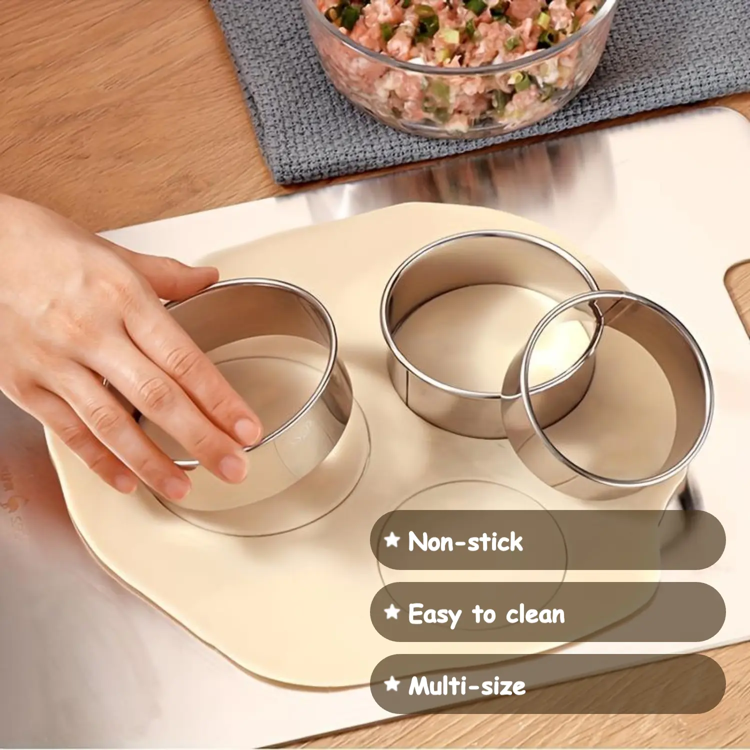3-Piece Multi-Size Stainless Steel Round Dumpling Mold Set - Non-Stick, Easy-to-Clean Kitchen Bakeware, Cookie Cutters Home, 3 Different Sizes, Curved Top Edge, Precise Cutting Bottom Edge, Less Likely to Stick for Chinese Cuisine Prep