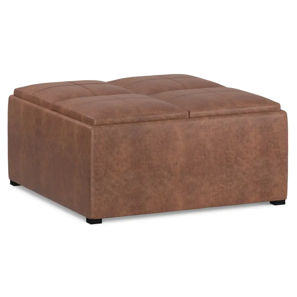 Upholstered Storage Ottoman - 360-Degree Rotating Stand, Contemporary Large Single-Seat Brown & Black Leather Square Cocktail Ottoman, Living Room Furniture with Foam Cushion, 18.9x35x35 in