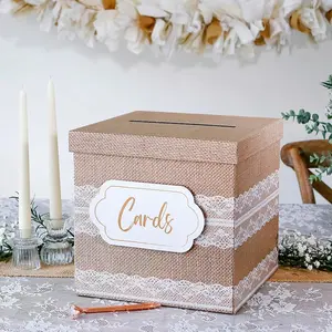 Kate Aspen Burlap & Lace Card Box For Farmhouse Weddings And Events, Rustic Decorations For Receptions, Baby Showers, Birthdays, Graduations