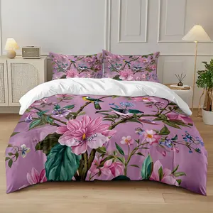 3-piece quilt cover set (1 quilt cover +2 pillowcases, coreless) Vintage flower and bird quilt cover with French pastoral style colorful flower print soft and comfortable bedding, suitable for all rooms