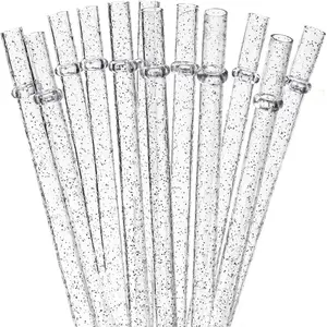 Reusable Drinking Straws with Cleaning Brush, 12pcs Durable Plastic Colorful Glitter Drinking Straws, Drinking Supplies for Home Kitchen Party Picnic Outdoor