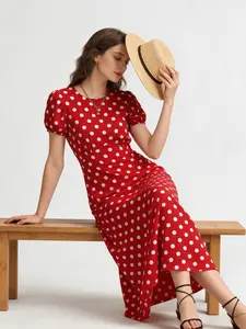 Spring Summer Polka Dot Dress, Round Neck Bubble Short Sleeve, Waist Cinched Vintage Long Dress, Sweet Girl Style