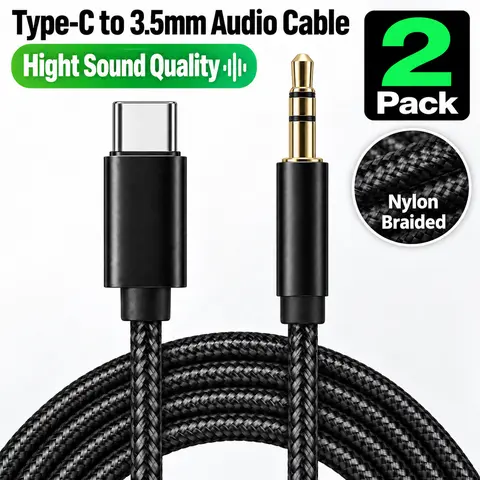 2 Pack USB-C to 3.5mm Audio Cable, Type-C to AUX Cord for Car Stereo, Headphones, Speakers, Plug & Play