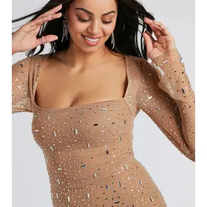Dazzling Glam Long Sleeve Rhinestone Mesh Mini Dress