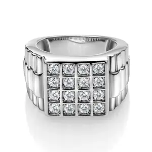 Gem Stone King White Round Lab Grown Diamond Ring For Men | 925 Sterling Silver | Watch Cuban Rolex Style Square Cut Band Ring | 1.04 Cttw | Sizes 7, 8, 9, 10, 11, 12, 13