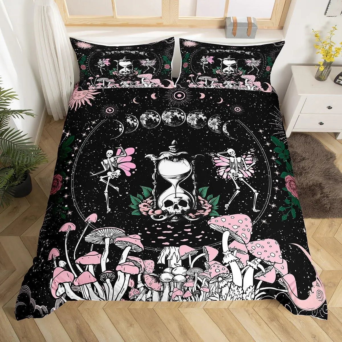 Sun and Moon Duvet Cover Set,Pink Mushroom Bedding Set,Gothic Sugar Skull Star Galaxy Comforter Cover for Kids Boys Girls Woman Room Decor Boho Hippie Black White Quilt Cover