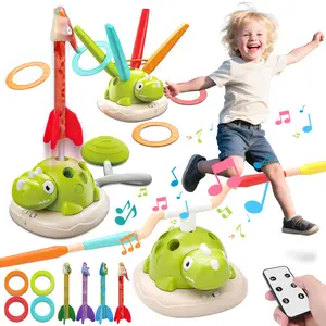 3-in-1 Dinosaur Rocket Launcher & Ring Toss Game with Remote Control - Musical Jumping & Stomping Sports Toy for Kids 3-8, Indoor/Outdoor Active Play Gift