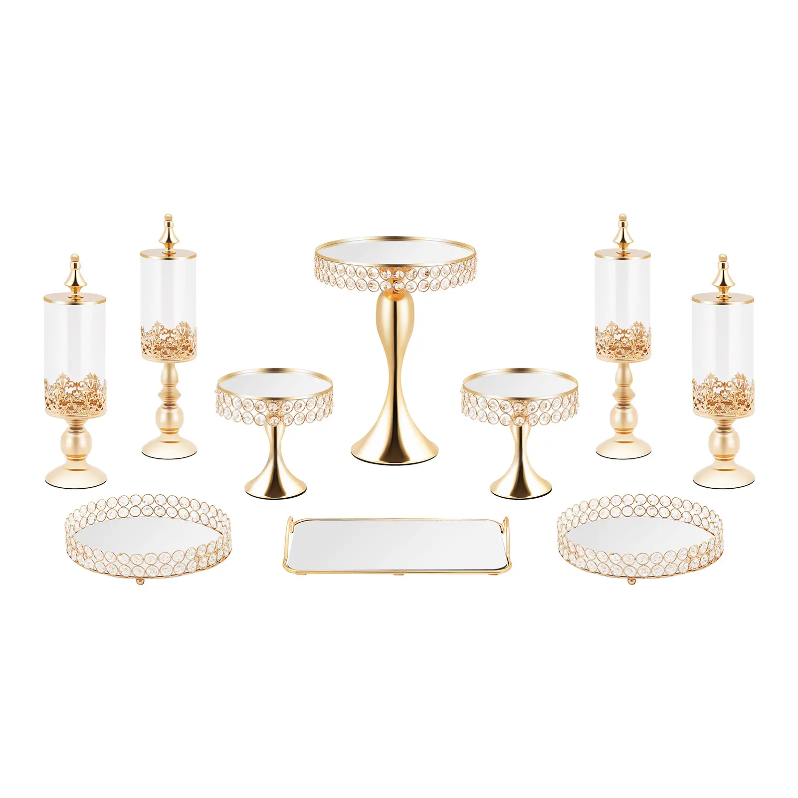 10-Piece Electroplated Iron Gold Cake Stand & Candy Jar Set - Round/Rectangular Dessert Display Trays, Box Pack, Event Displays for Wedding, Party Planners (Home Supplies Organizer Storage Rack)