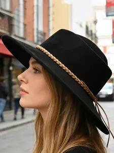Vintage Suede Cowboy Hat, Western Style Braided Belt Wide Brim Cap, Trendy Photo Prop, Wild West Design, Unisex Outdoor Riding Sun Protection, All Seasons