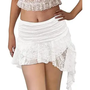Women  Lace Mini Skirt Low Rise Pleated Ruffle Short Layered Flowy Asymmetrical Fairy Half Slip Soft Breathable Stretchy Comfortable