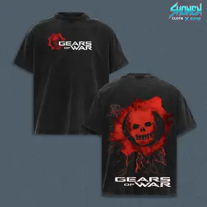 Gears Of War Crimson Omen Graphic Tee - Vintage Acid Wash Heavyweight Tee, Marcus Fenix Military Gaming Streetwear Tee, Red Skull Blood Spill Over-sized Tee, Gamer Merch Clothing, Tactical Shooter Retro Top Gift For Gamers