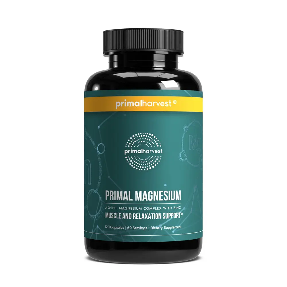 Primal Magnesium: A 3-in-1 Magnesium Complex with 310 mg of Magnesium Citrate, Malate, and Glycinate and 8mg Zinc.