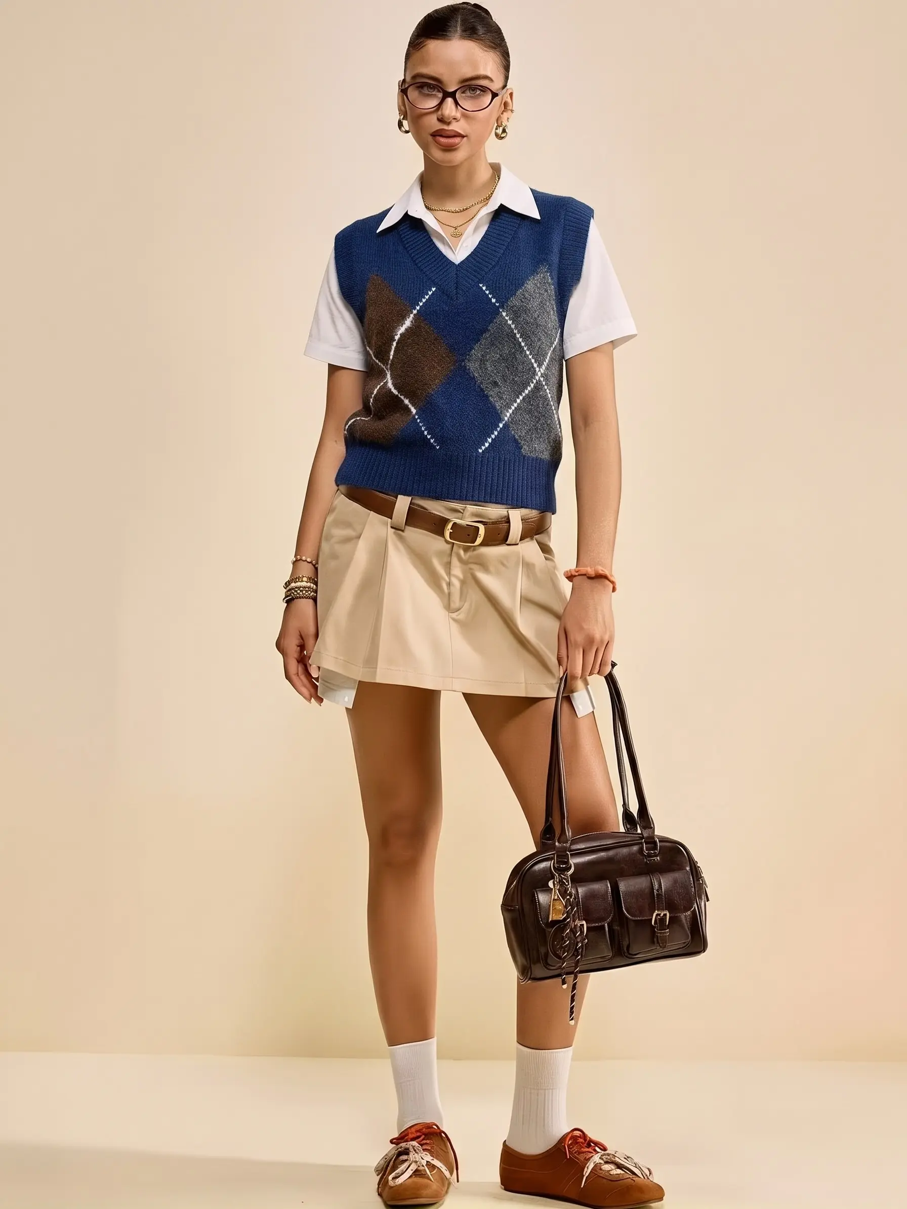 Women’s V-neck plaid knit vest, vintage collegiate style sleeveless sweater vest with contrasting diamond pattern, casual layering outerwear