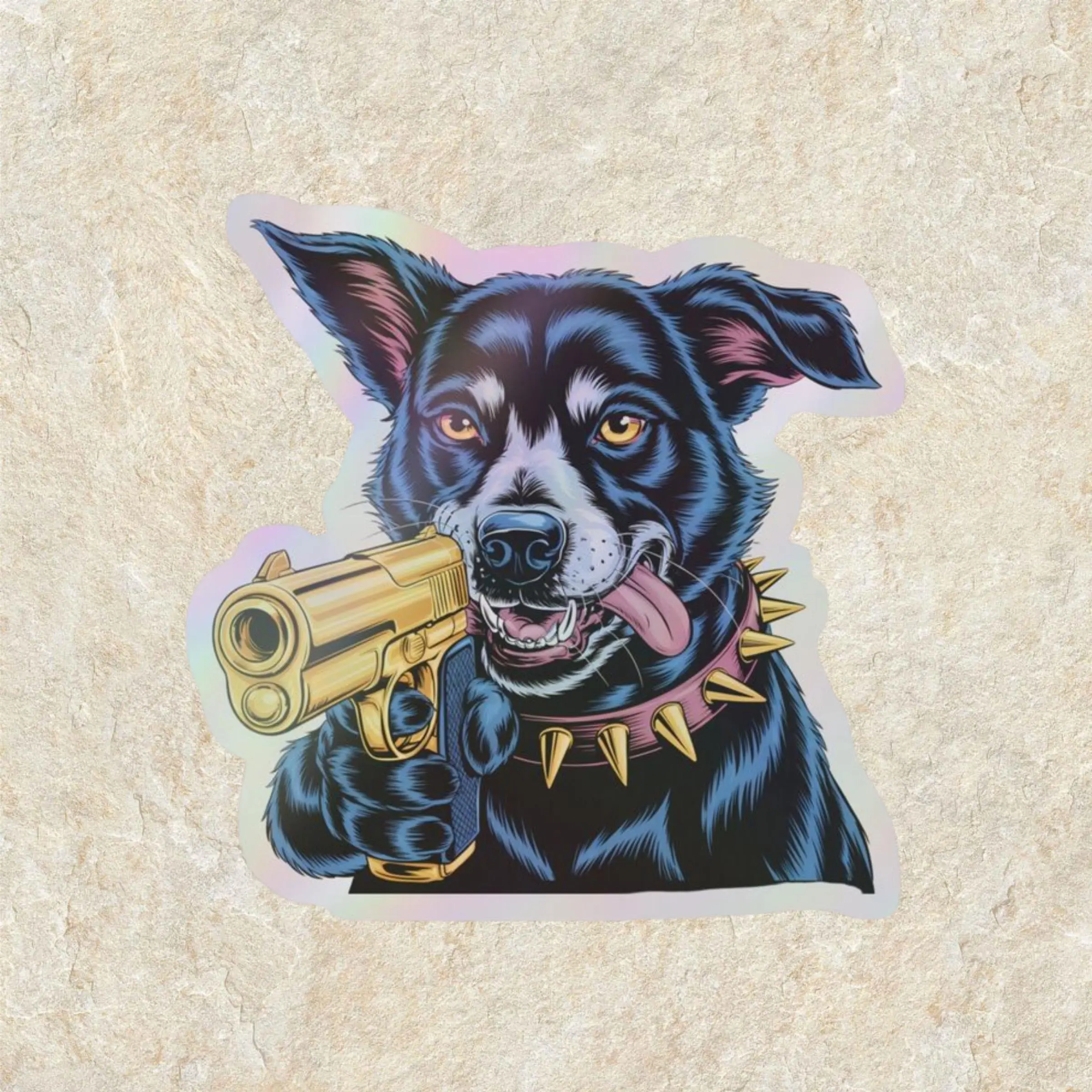Gangsta Dog Vinyl Sticker, Cool Black Dog with Golden Gun, Funny Punk Dog Art for Laptop, Notebook, Water Bottle Decor