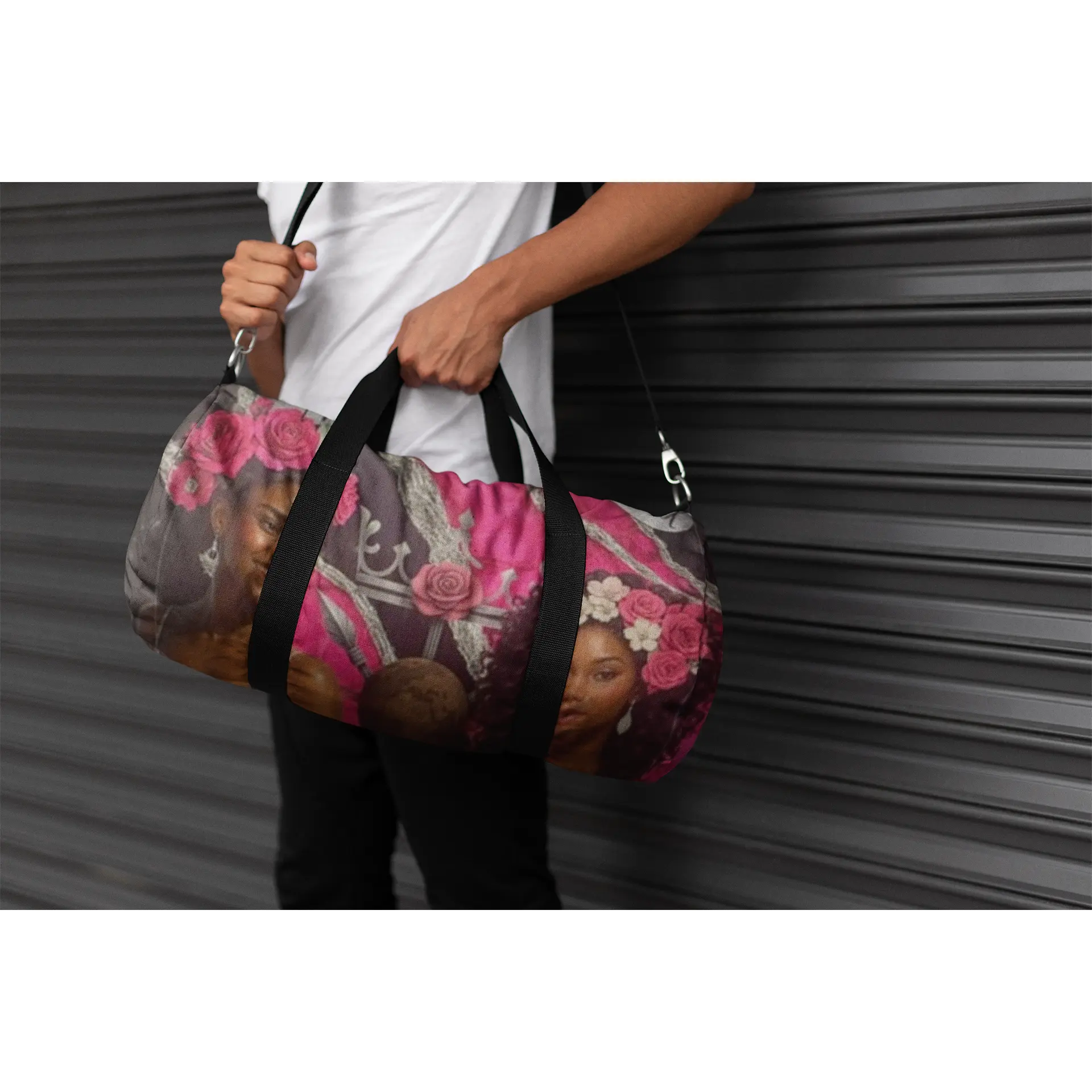 Princesses ZaVari Rose & Kaelis Thorn Multi-Compartment Duffel Bag - Girls' Bag with Zip Closure for Sleepovers, Cheerleading Practice Gear, Pink Silver & Black Marble