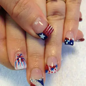 Short Square Red White & Blue Firework French Press-On Nails, Independence Day Themed Glitter False Nails with Elegant Rhinestone Decorated Accents, Removable Nail Tips for Holiday Celebrations, with Jelly Glue & Nail File Included