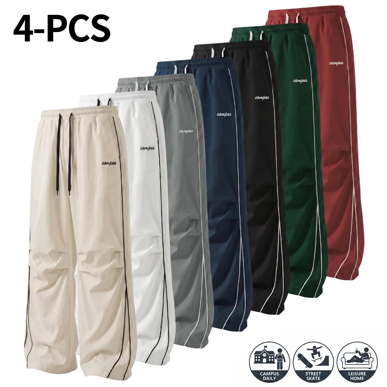 4-Pack Men’s Retro Versatile Sportswear – Soft Drapey Pants with Side Lines, Adjustable Drawstring and 3D Knee Cutouts, Anti-Pilling Loose Fit Wide-Leg Pants Suitable for Commuting and Campus Wear