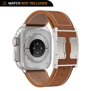 CrazyGrass Premium Genuine Leather Titanium Wearable Wristwatch Strap - Adjustable Brown Band with Silver Buckle Magnetic Clip, Men's Smartwatch Accessory for 44mm/45mm/46mm/49mm Square Fit [WATCH NOT INCLUDED]
